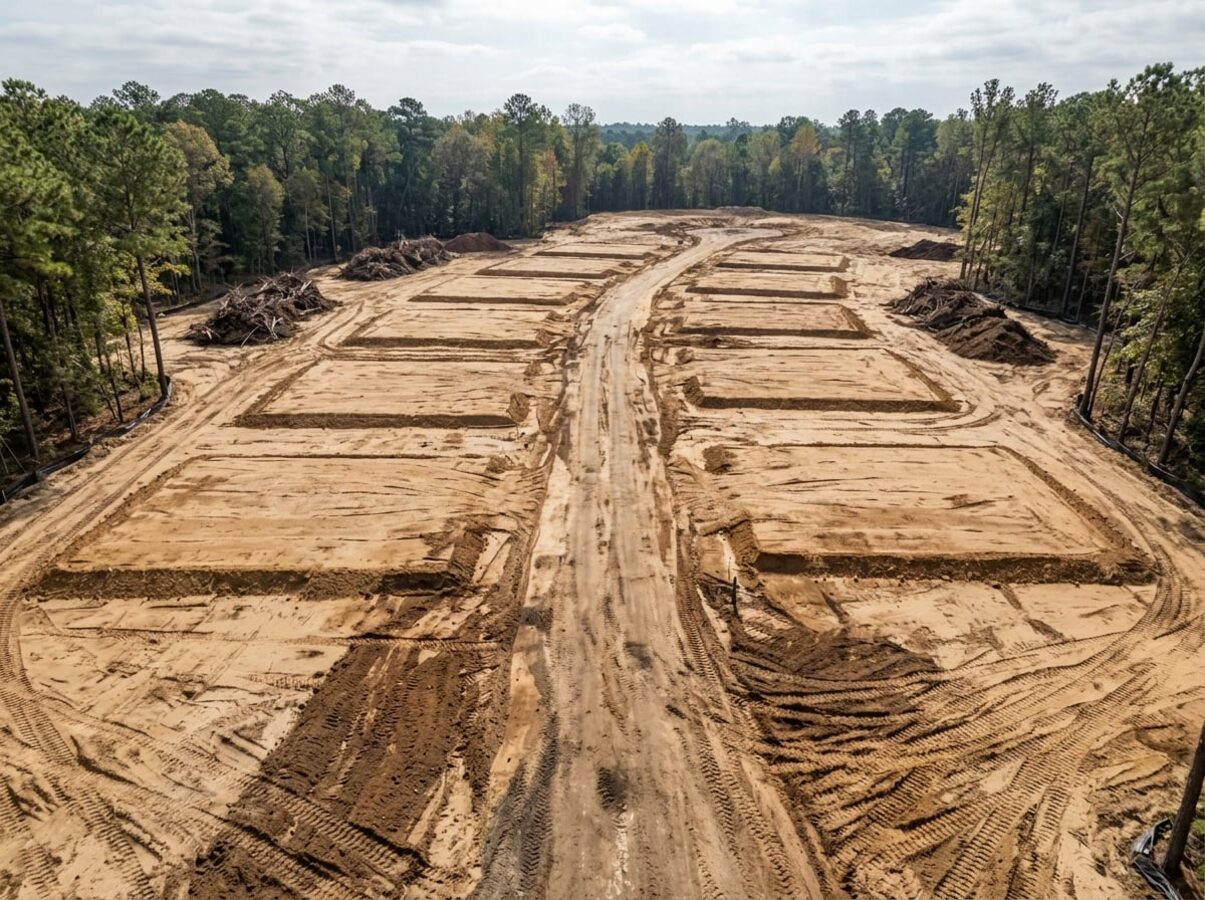 New residential subdivision site cleared and graded with roads and lot pads in the Lowcountry SC